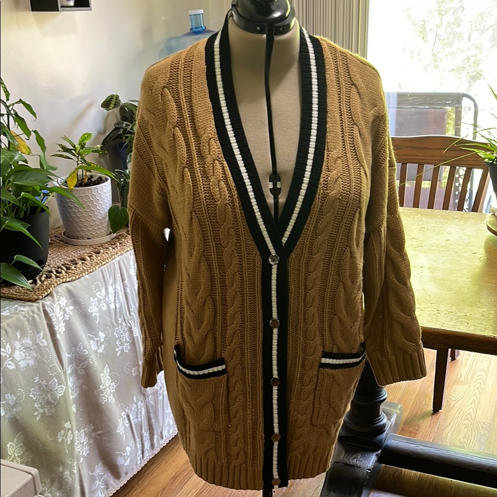 Torrid Tan Cable Knit Cardigan with Striped Trim